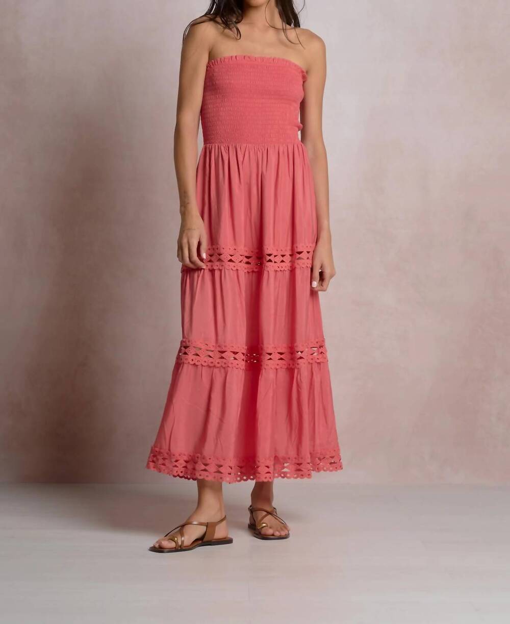 NEW ELAN tiered strapless dress in bright pink coral